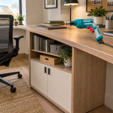Completed home office storage cabinet with a Total TD45658 drill resting nearby