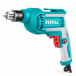 Total TD45658 450W corded electric drill with teal housing, metal chuck, variable-speed control and power cable on white background