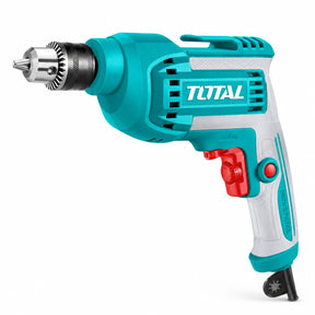 Total TD45658 450W corded electric drill with teal housing, metal chuck, variable-speed control and power cable on white background