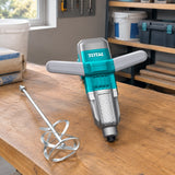 Total TD716008 electric mixer resting beside its mixing paddle at an organised renovation materials station