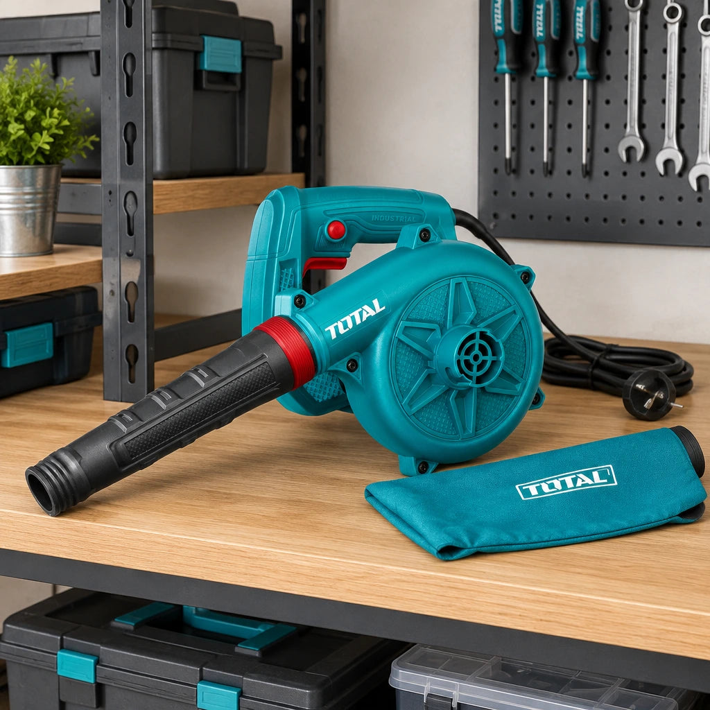 Total TB4066 electric blower stored beside its dust bag on a tidy home garage workshop shelf
