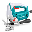 Total TS2081006 800W teal and white corded jigsaw with aluminium base and visible blade assembly on a white background