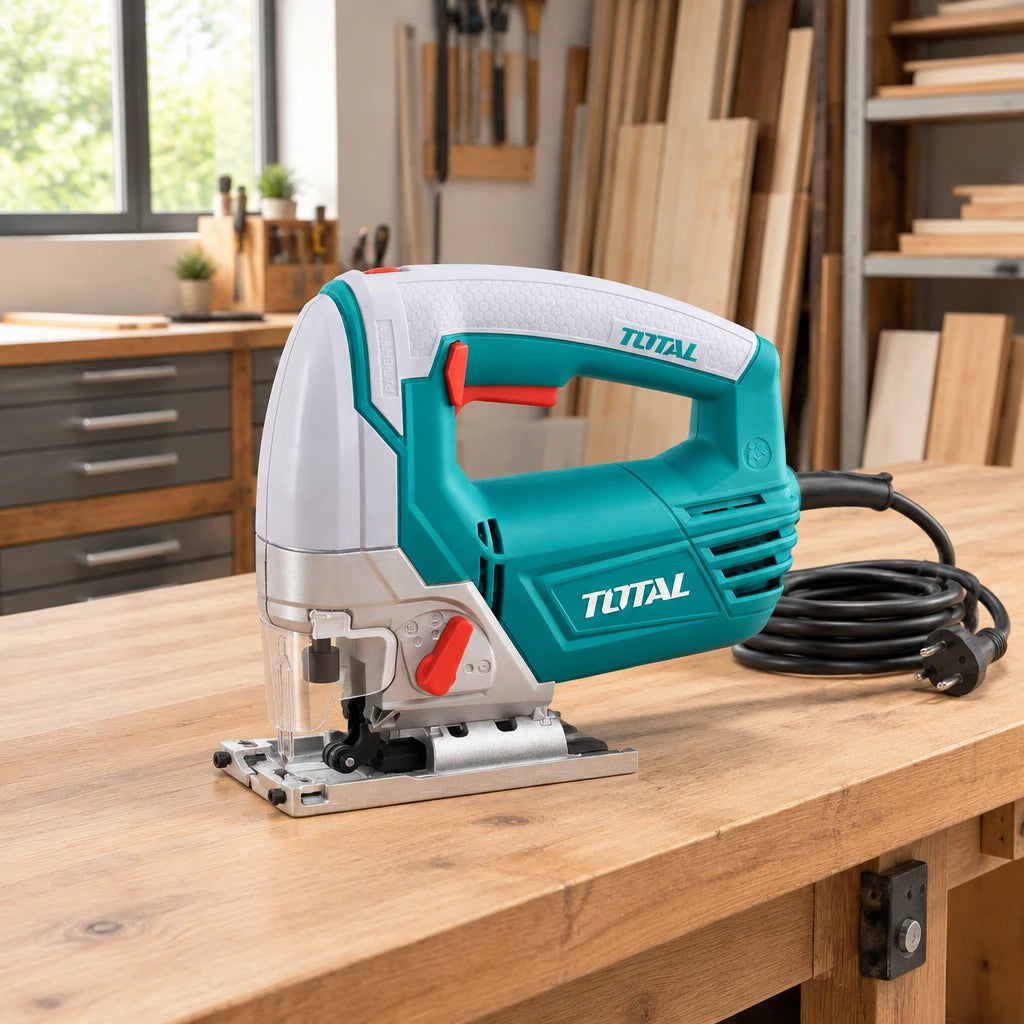 Total TS2081006 corded jigsaw resting on an organised joinery workshop bench between woodworking tasks