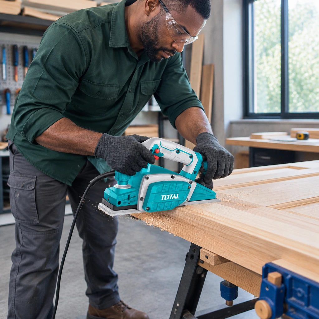 African American joiner using the Total TL7508226 electric planer to trim a supported wooden door edge