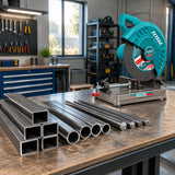 Completed steel sections ready for fabrication beside the inactive Total TS223558 metal cut-off saw