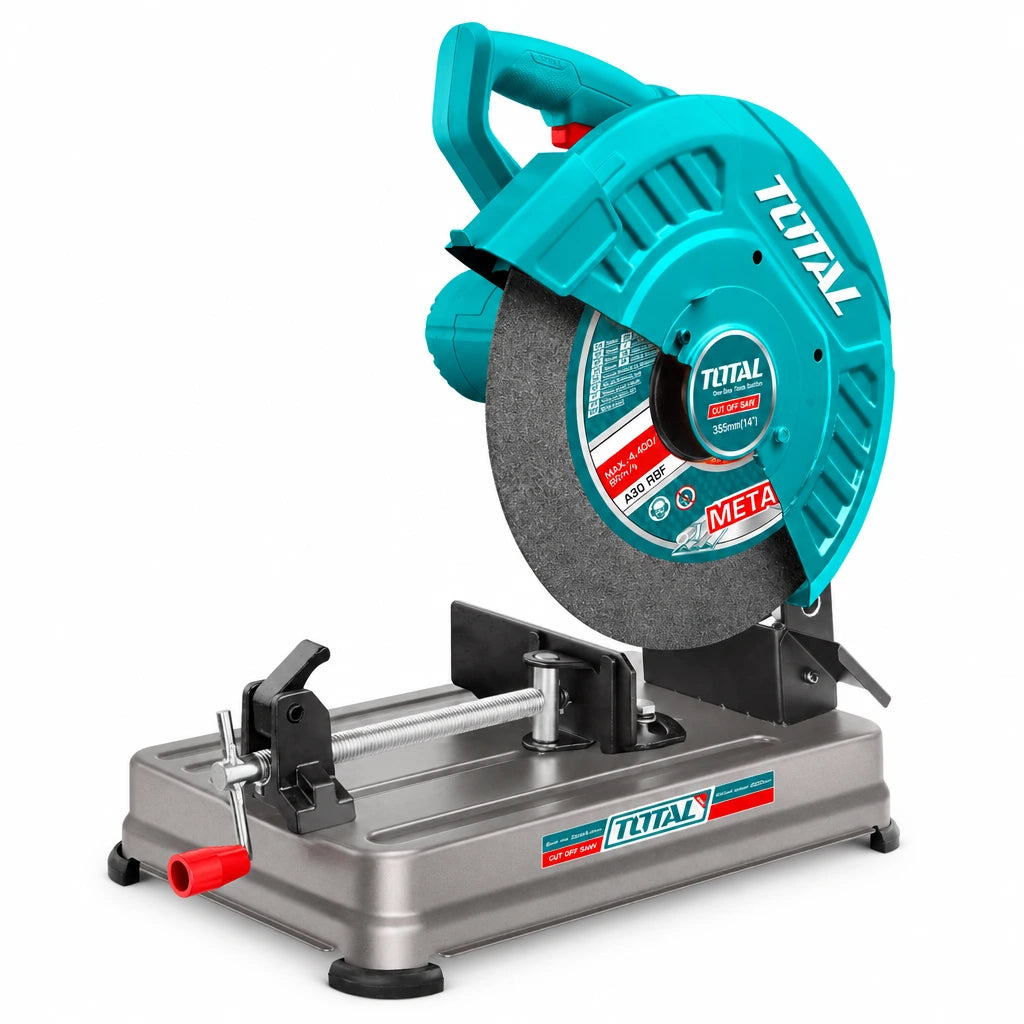 Total TS223558 2200W electric metal cut-off saw with 355mm disc, base and clamping vise on a white background