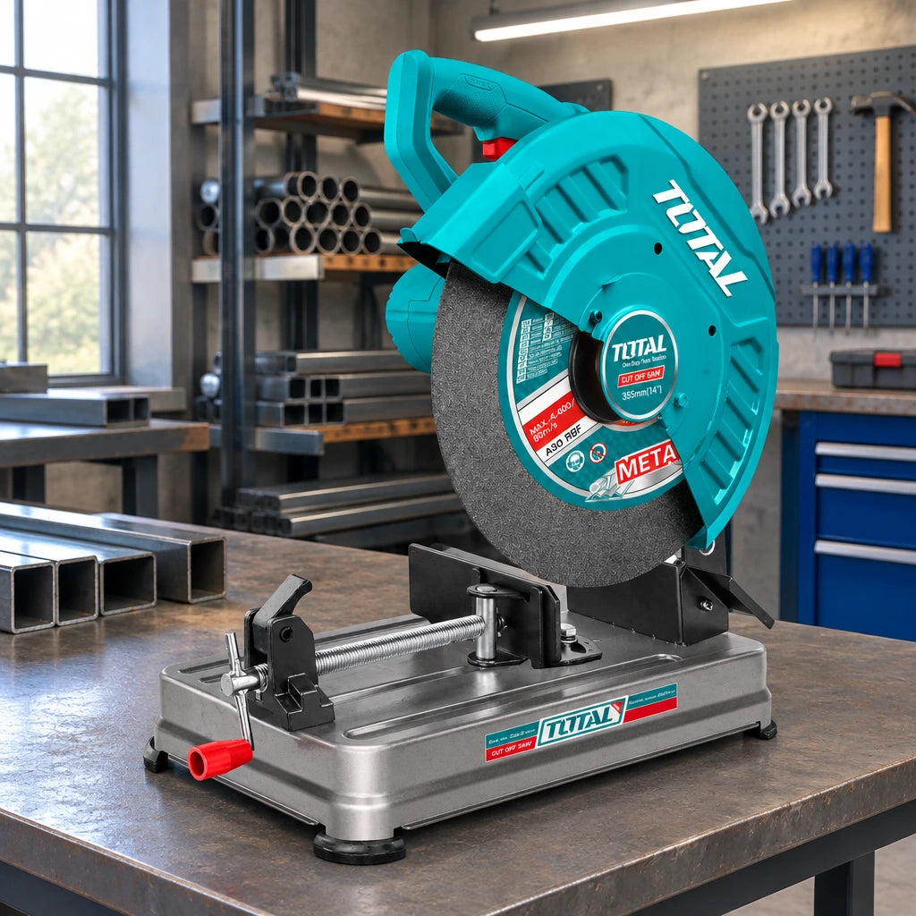 Total TS223558 metal cut-off saw resting on a workbench in an organised fabrication workshop