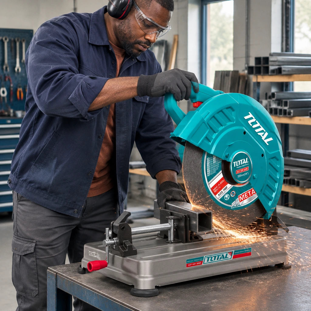 African American fabricator using the Total TS223558 cut-off saw to cut a clamped square steel section