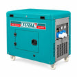 Total TP280001-1 turquoise 8kW silent diesel generator with wheeled enclosure and side control panel on white background