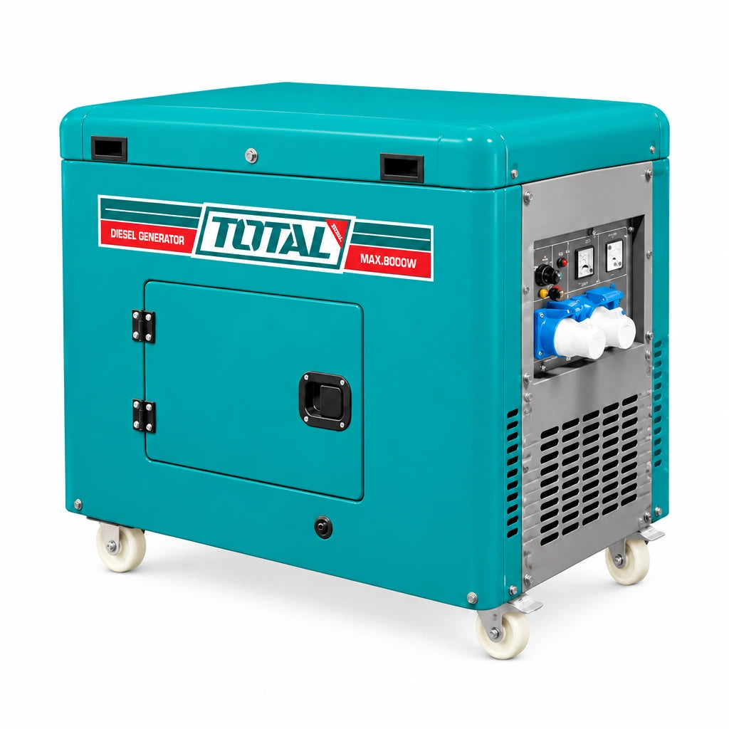 Total TP280001-1 turquoise 8kW silent diesel generator with wheeled enclosure and side control panel on white background