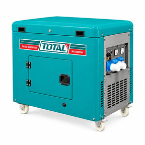 Total TP280001-1 turquoise 8kW silent diesel generator with wheeled enclosure and side control panel on white background