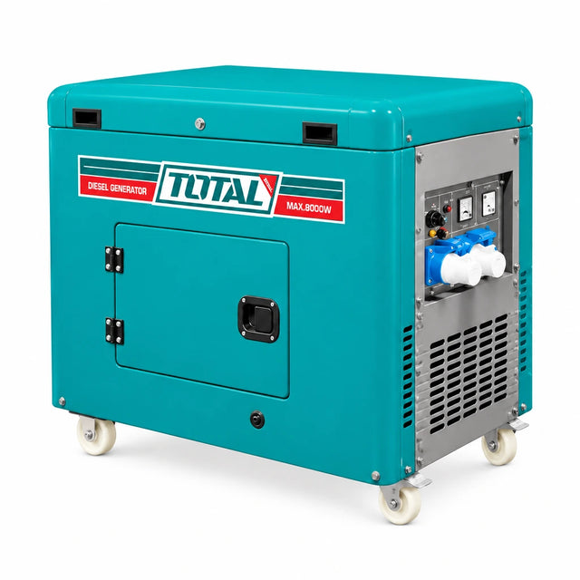 Total TP280001-1 turquoise 8kW silent diesel generator with wheeled enclosure and side control panel on white background