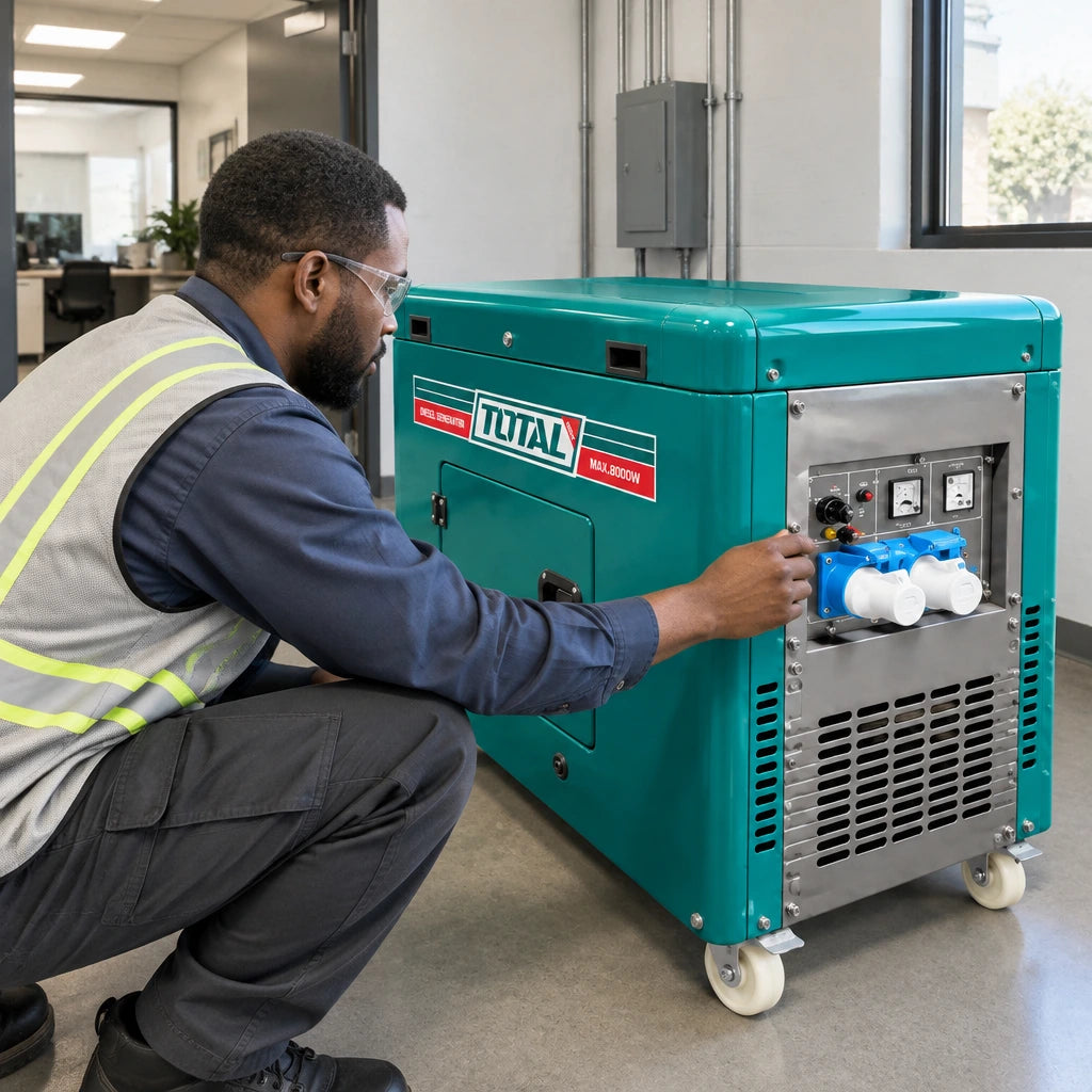 Facilities electrician testing the Total TP280001-1 diesel generator control panel during a commercial backup-power check