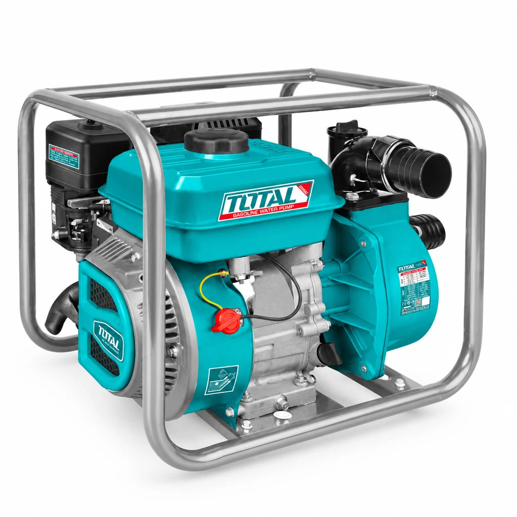 Total TP3306 7HP gasoline water pump with turquoise housing and silver protective frame on a white background