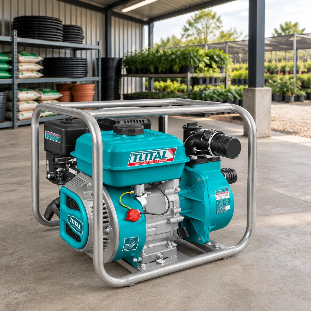 Total TP3306 gasoline water pump parked in a clean horticultural nursery equipment bay