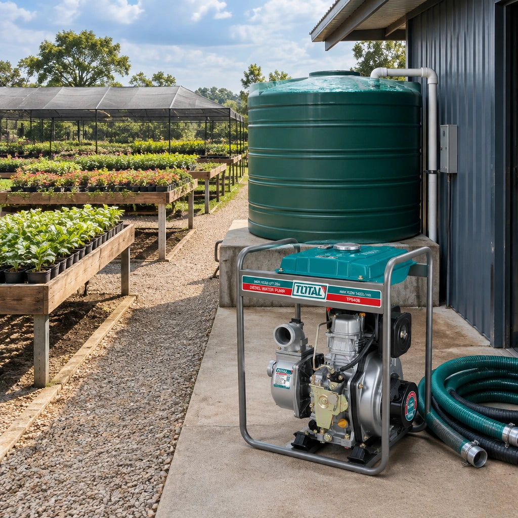 Replenished nursery irrigation tank and ready propagation beds with the inactive Total TP5406 diesel water pump nearby.
