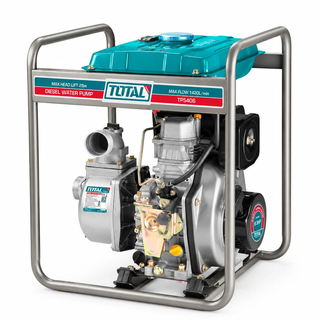 Total TP5406 4-inch diesel water pump with turquoise engine cover and tubular frame on white background.