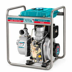 Total TP5406 4-inch diesel water pump with turquoise engine cover and tubular frame on white background.