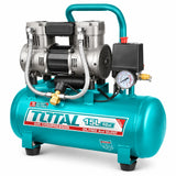Total TCS1110152 15L turquoise oil-free air compressor with twin pump heads and pressure gauge on white background