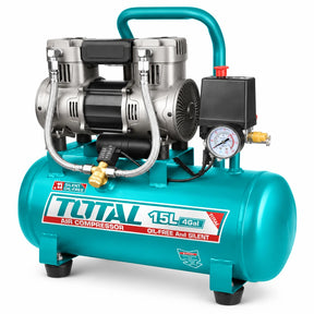 Total TCS1110152 15L turquoise oil-free air compressor with twin pump heads and pressure gauge on white background