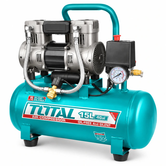 Total TCS1110152 15L turquoise oil-free air compressor with twin pump heads and pressure gauge on white background