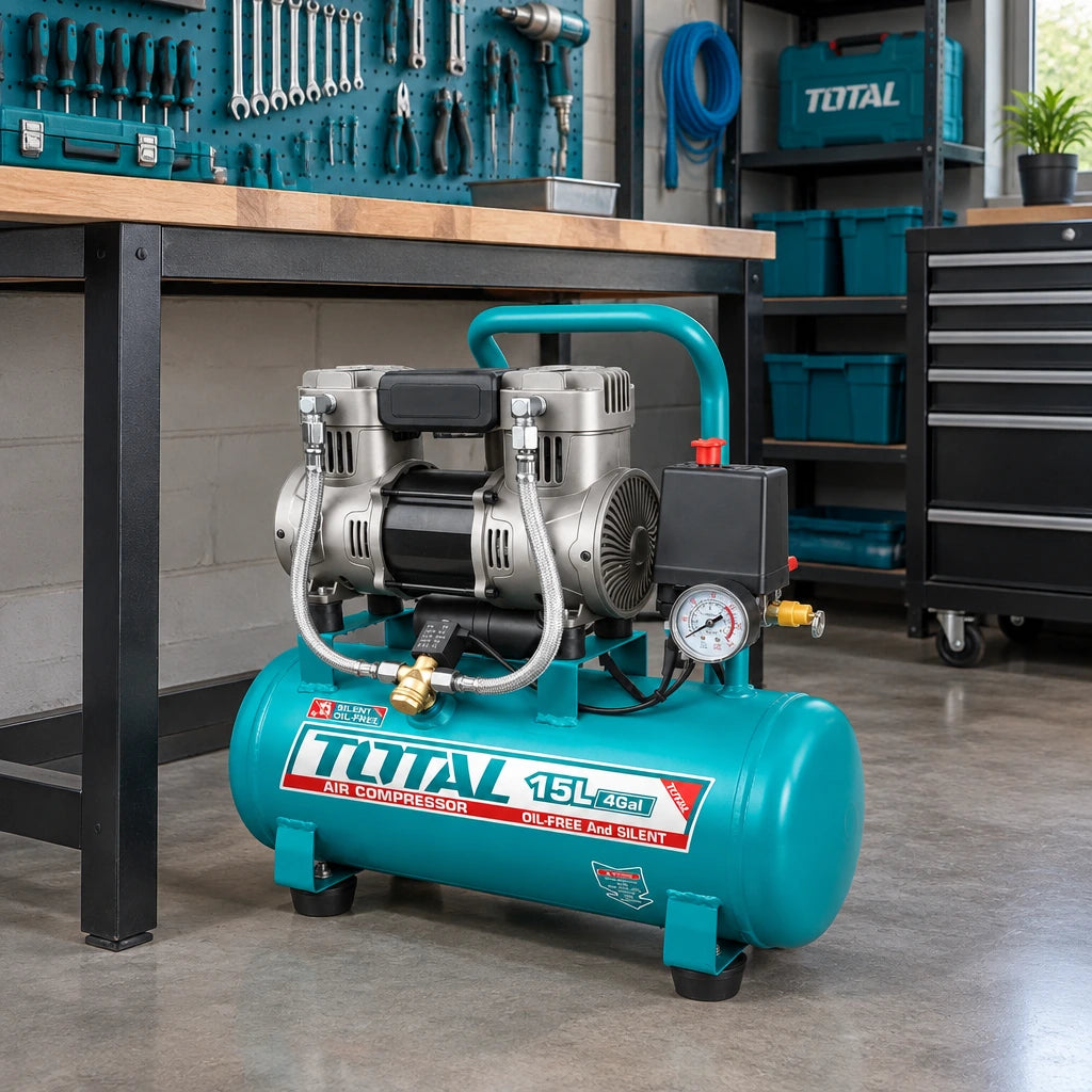 Total 15L oil-free air compressor parked beside an organised professional workshop bench