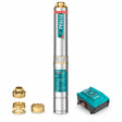 Total 0.5HP stainless-steel 4-inch deep-well pump with brass fittings and control box on white background
