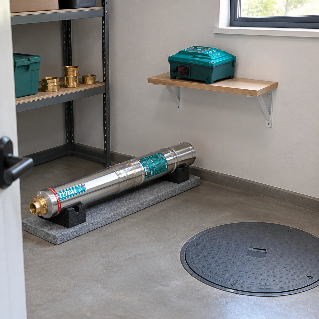 Total deep-well pump and control box resting in a clean residential well-service utility room