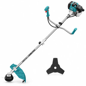 Total TP5524421 52cc gasoline grass trimmer and brush cutter with bicycle handles, cutting guard and line head on white background