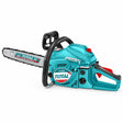 Total TG5502011 turquoise gasoline chainsaw with 20-inch guide bar on a white background