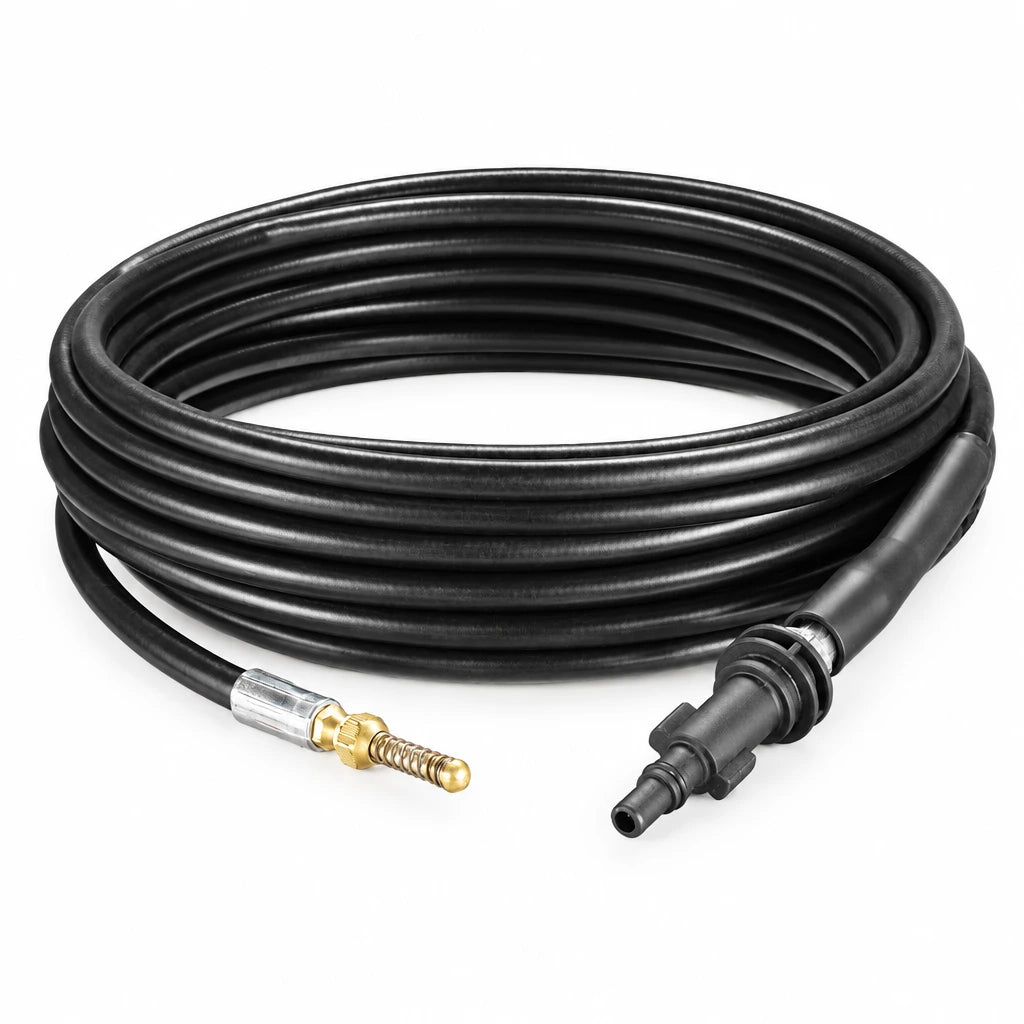Total TGTPCH751 7.5 metre black pressure-washer pipe-cleaning hose with spring guide and connector on white background