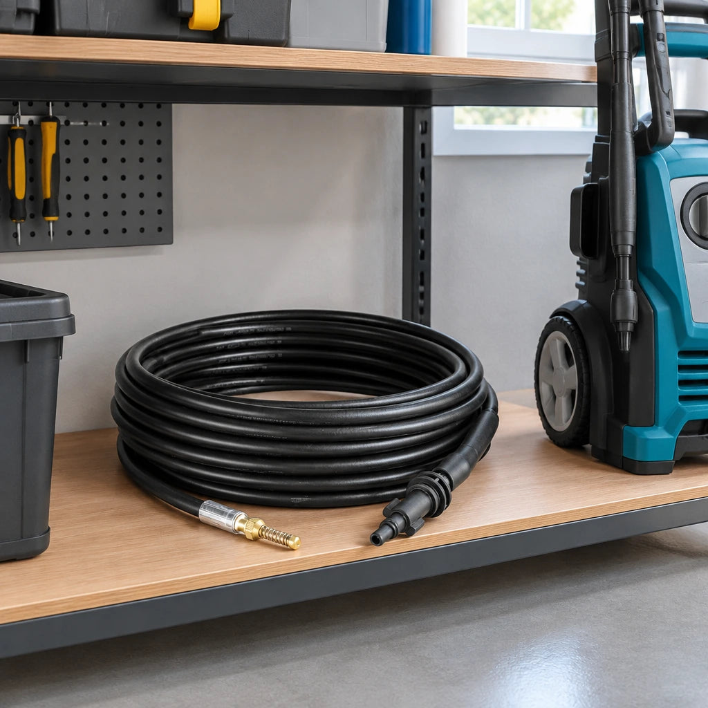Total TGTPCH751 pipe-cleaning hose stored beside a compatible pressure washer in a clean utility room