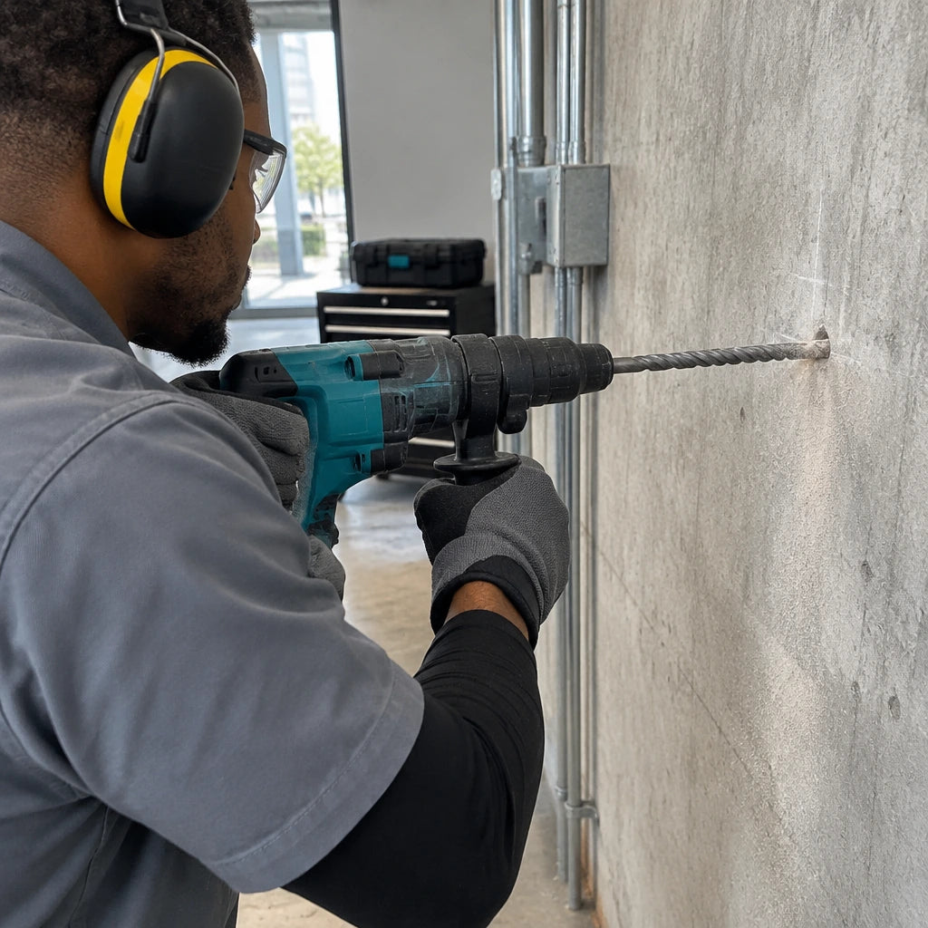 African American maintenance installer using a Total 6 mm SDS Plus bit in a rotary hammer to drill concrete