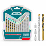 Total TACSDB1901 19-piece drill bit and screwdriver bit set in organised double-blister packaging on white background