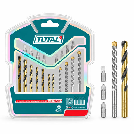 Total TACSDB1901 19-piece drill bit and screwdriver bit set in organised double-blister packaging on white background