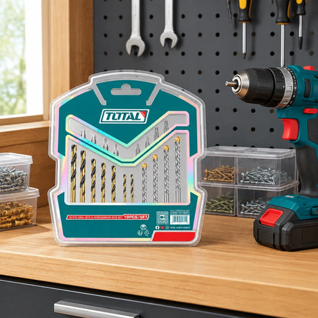 Packaged Total 19-piece drill and screwdriver bit set stored in an organised contemporary home workshop