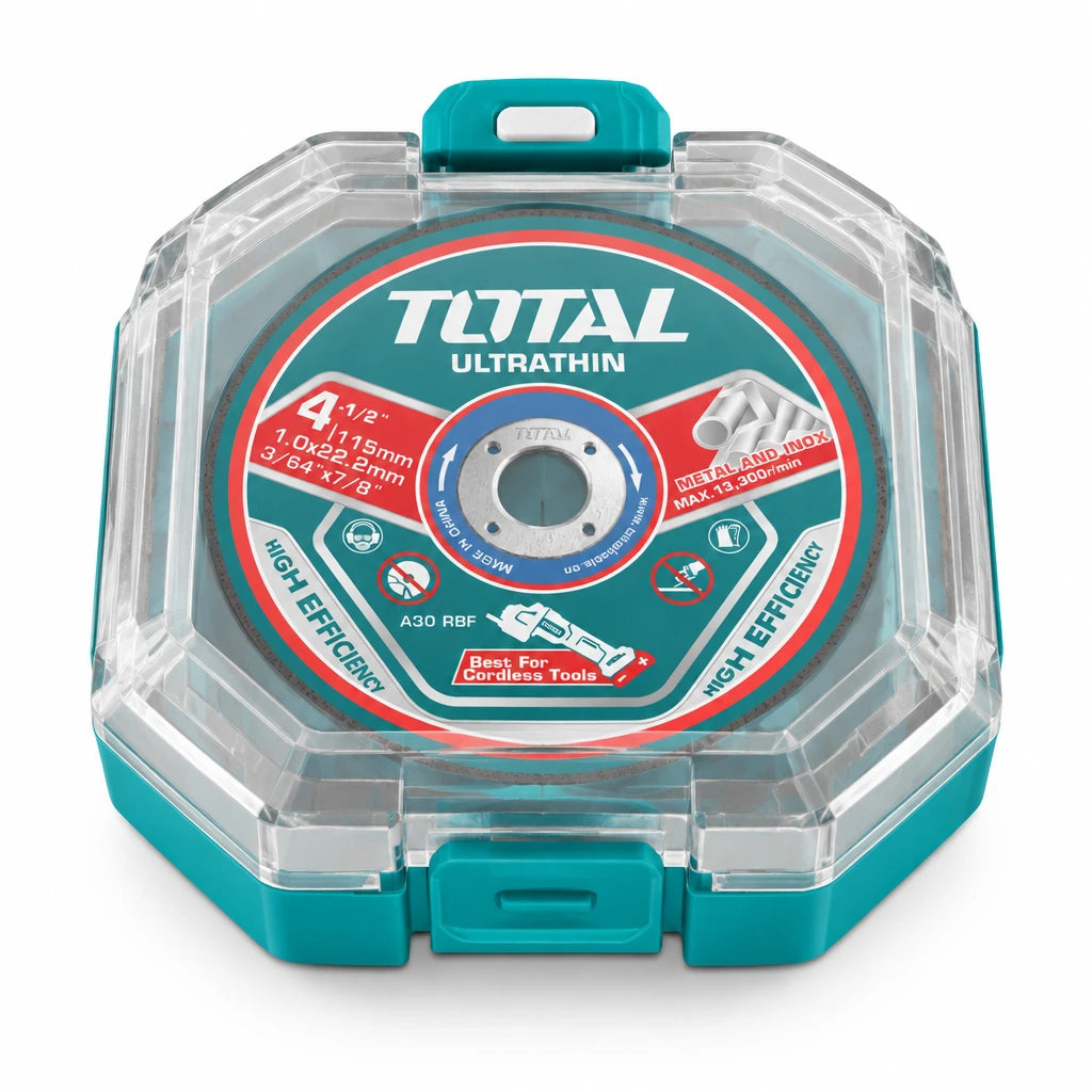 Total TAC1015115 15-piece 115mm ultra-thin metal cutting disc set in its branded plastic storage box on white background