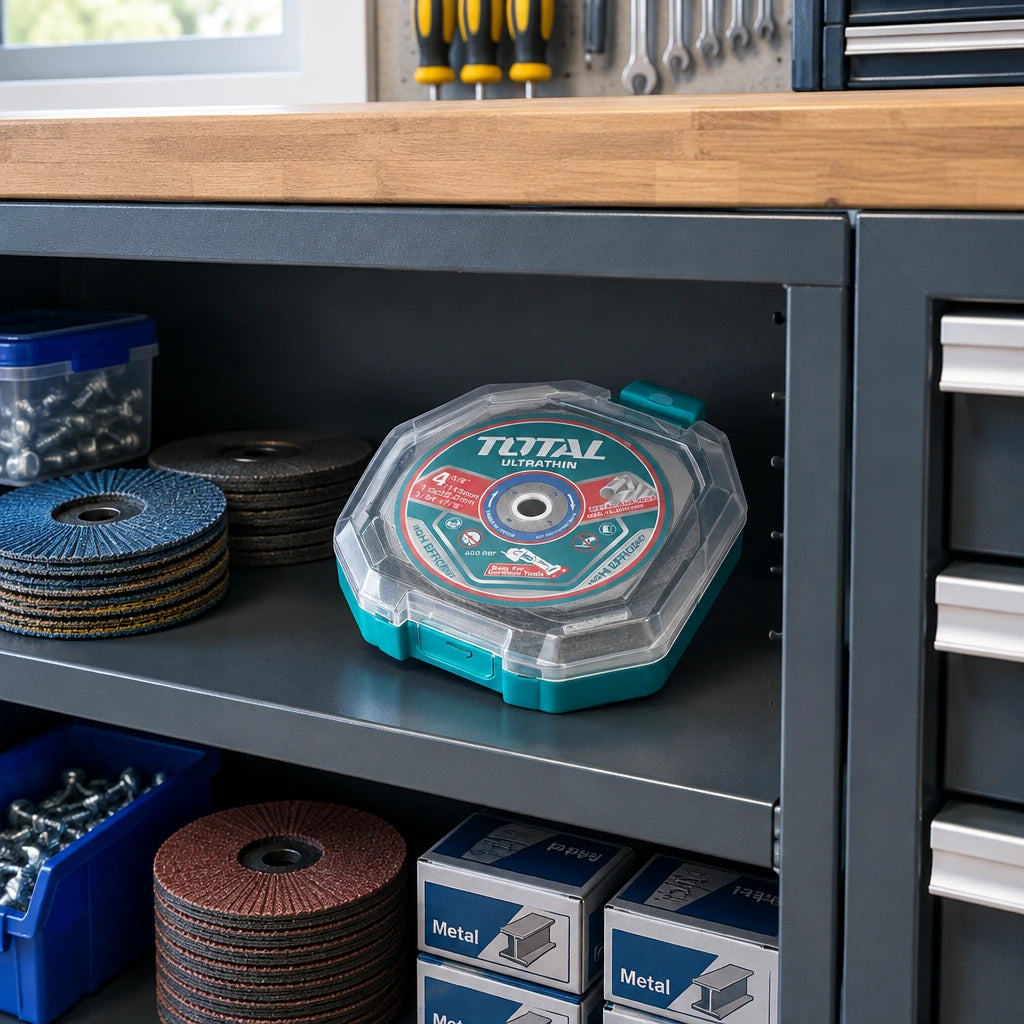 Closed Total TAC1015115 metal cutting disc box stored on an organised workshop consumables shelf