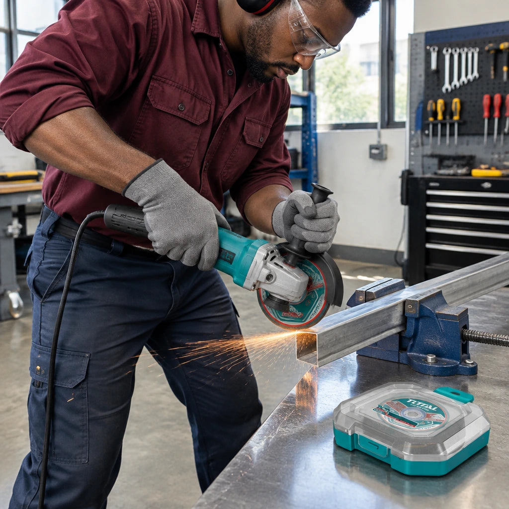 African American maintenance installer using a Total TAC1015115 disc to cut stainless-steel angle in an organised workshop