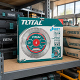 Boxed Total 405mm diamond floor-saw disc stored on a professional concrete contractor’s equipment shelf.