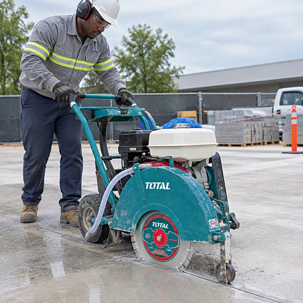 African American concrete contractor guides a gasoline floor saw using the Total TAC2144053 diamond disc to wet-cut a straight slab joint.