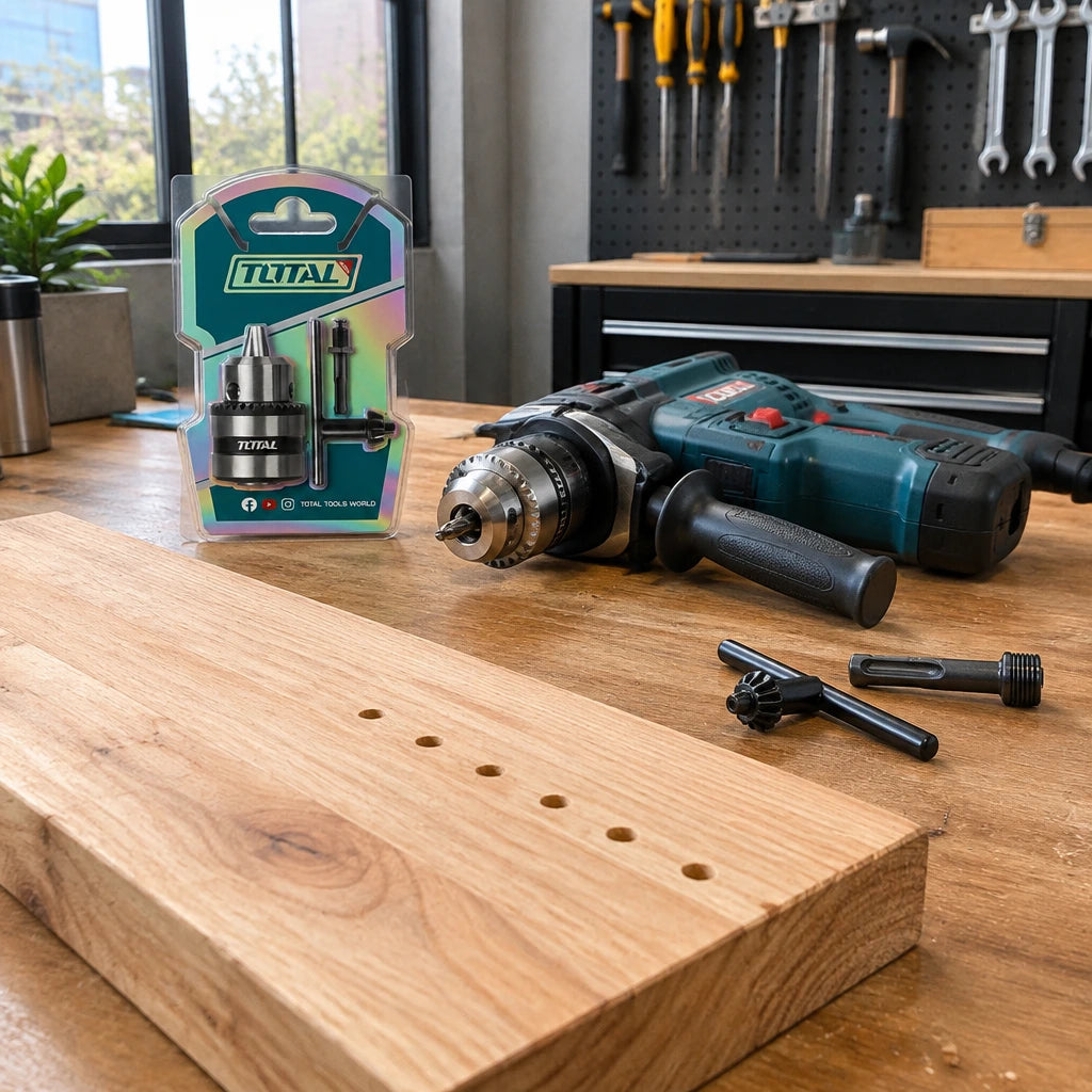 Completed timber panel beside a compatible SDS Plus tool fitted with the Total TAC451301 drill chuck adaptor