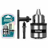 Total TAC451301 13mm keyed drill chuck with SDS Plus adaptor, chuck key and blister packaging on white background