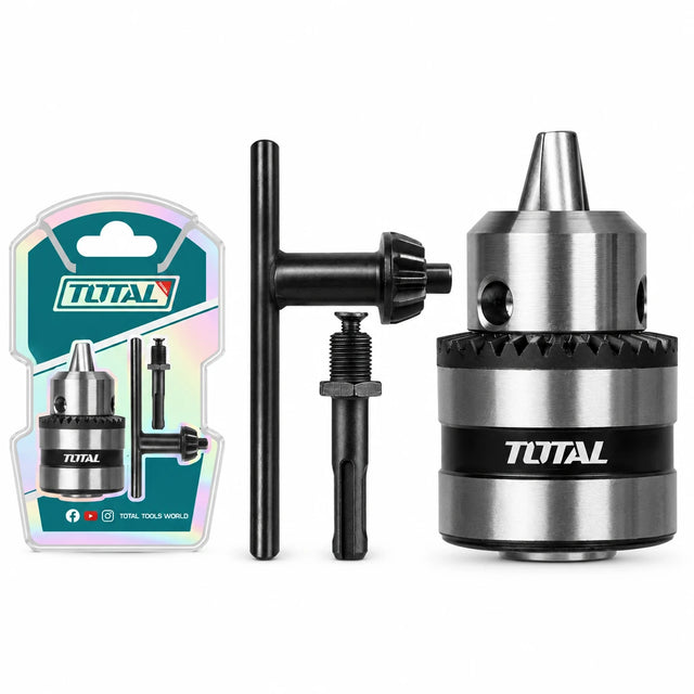 Total TAC451301 13mm keyed drill chuck with SDS Plus adaptor, chuck key and blister packaging on white background