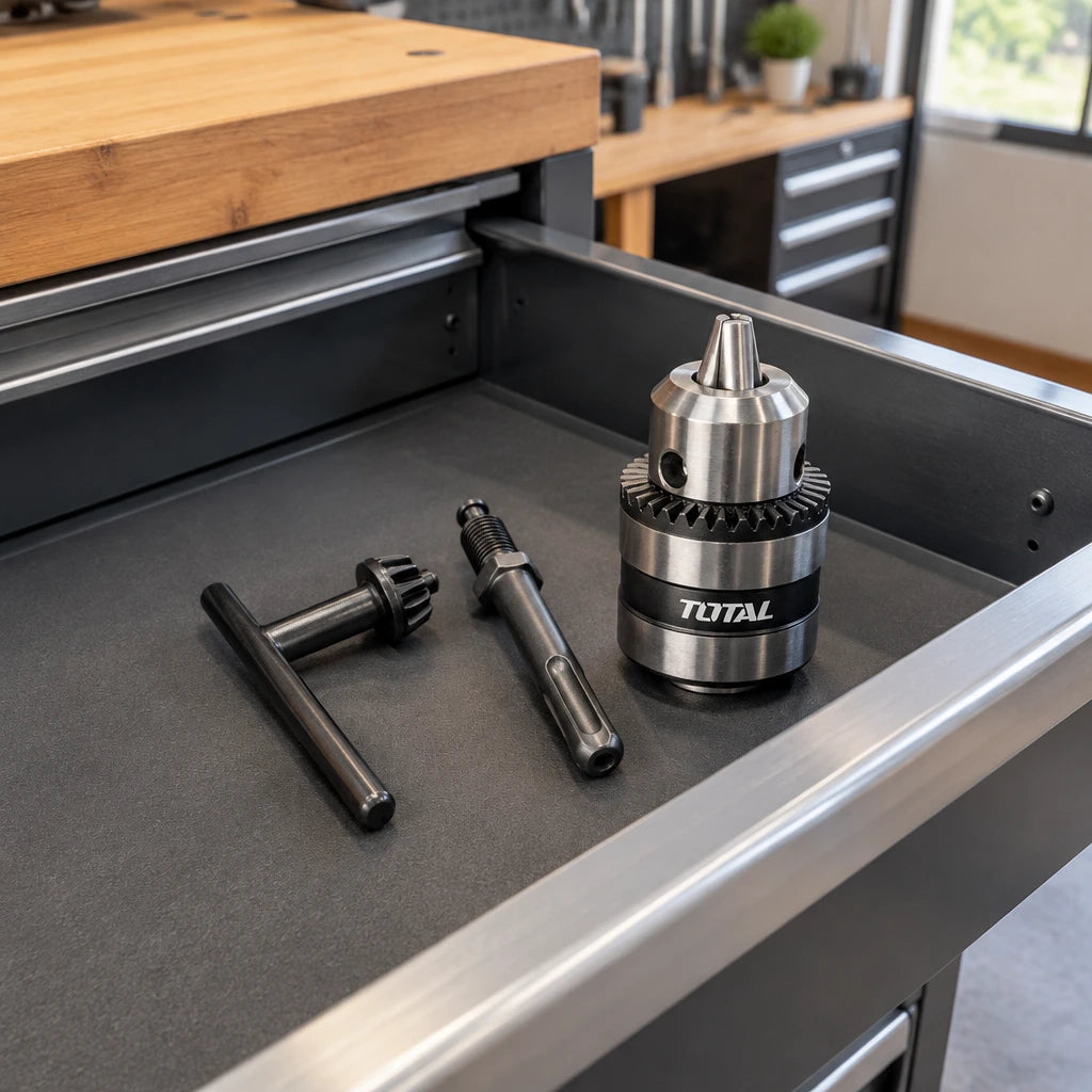 Total TAC451301 keyed drill chuck and SDS Plus adaptor stored in an organised professional workshop drawer