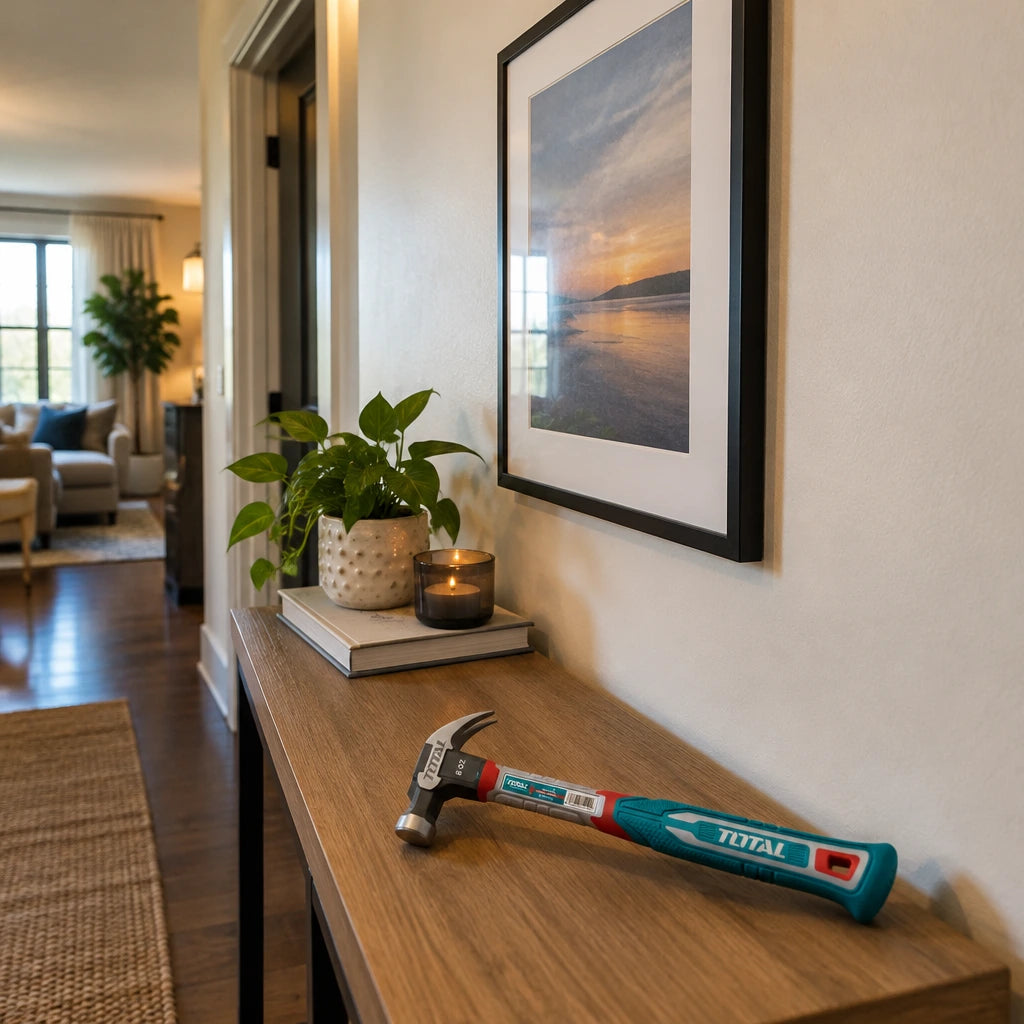 Straight framed print in a contemporary entryway with the Total THCH61008 claw hammer nearby