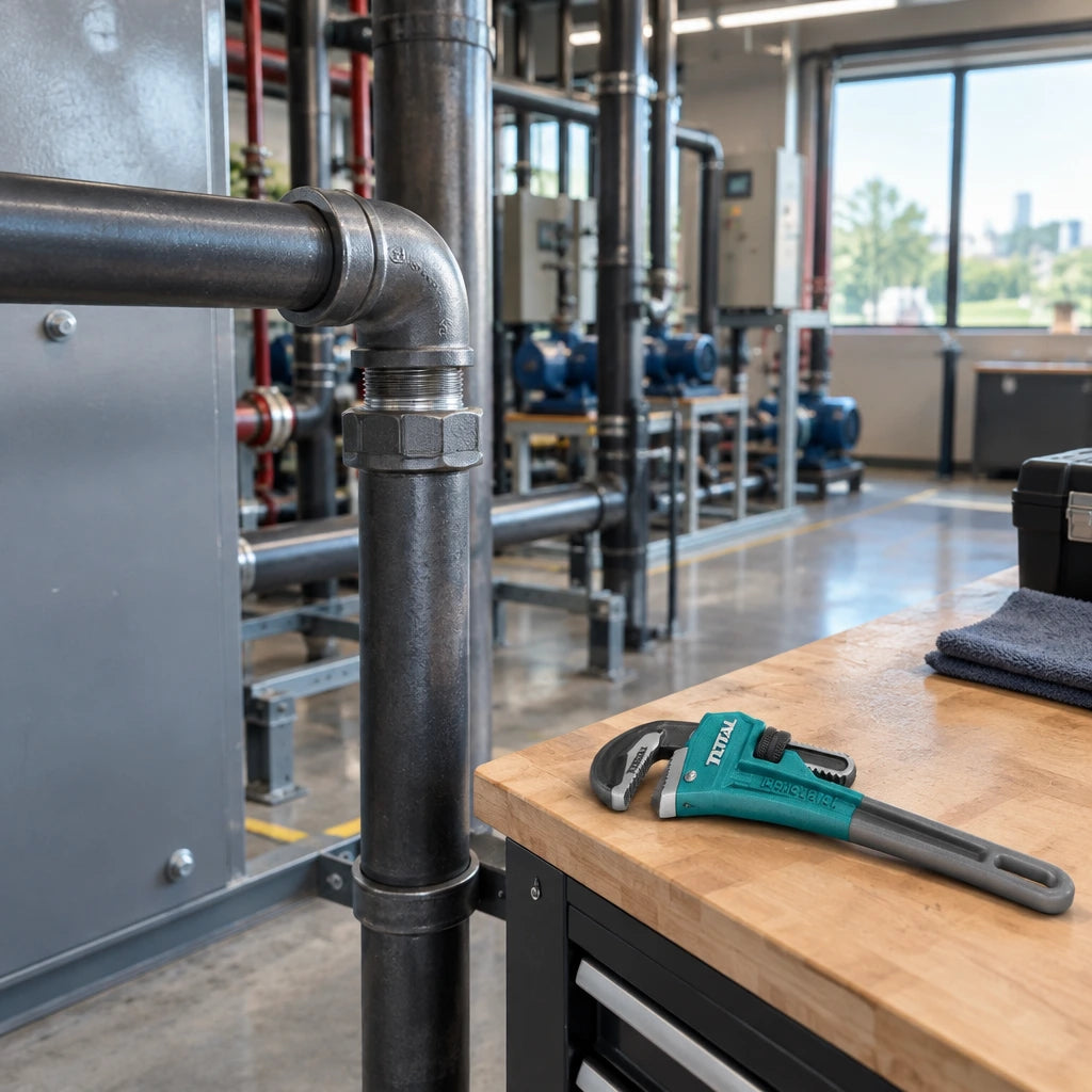 Completed threaded pipe repair with a Total 12-inch pipe wrench resting on a plant-room maintenance bench