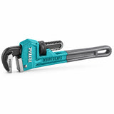 Total 12-inch heavy-duty ductile-iron pipe wrench with turquoise body, adjustable Cr-Mo jaw and grey handle on white background