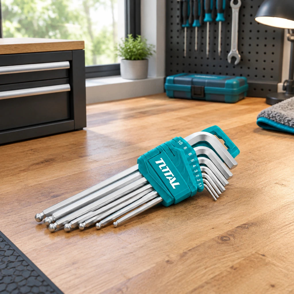 Total extra-long ball-point hex key set stored in its teal holder on an organised workshop bench.