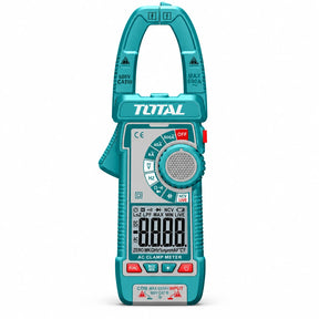 Total TMT766001 teal 600A AC clamp meter with True-RMS display and rotary selector on a white background